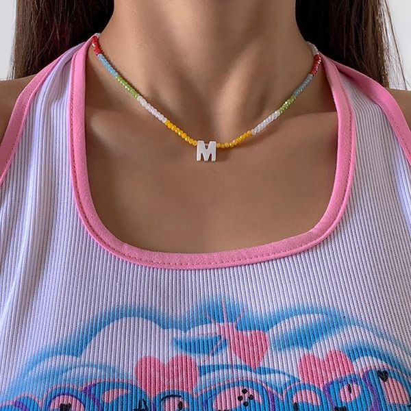 

pendant necklaces shixin bohemia colorful crystal beaded necklace for women korean small letter choker fashion jewelry collar 2021, Silver