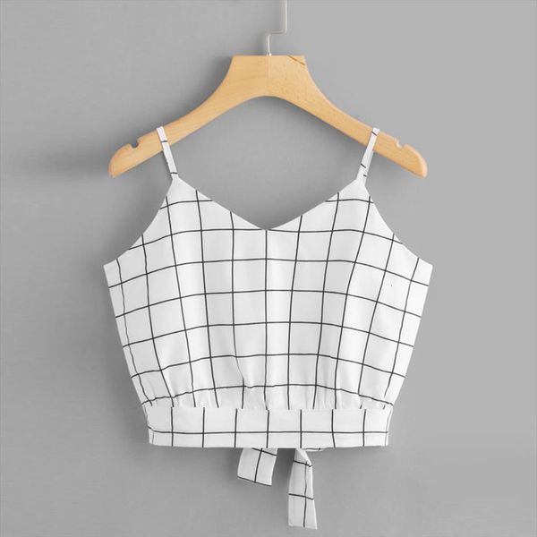 

summer plaid crop self women tank tie back elegant womens vest v neck cropped cami ladies camisole haut, White