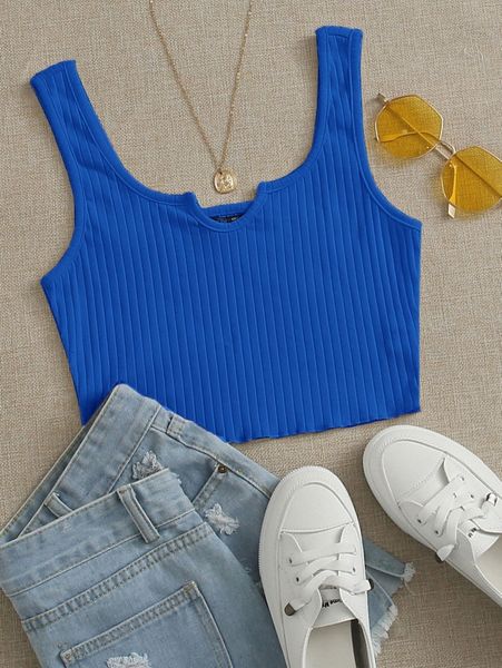 

notch neck lettuce edge rib-knit tank s4nr#, White