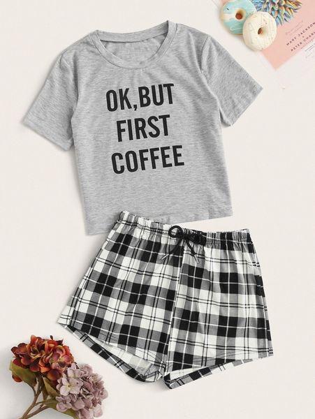

plus slogan and plaid tie front pj set k3bm#, Black;white