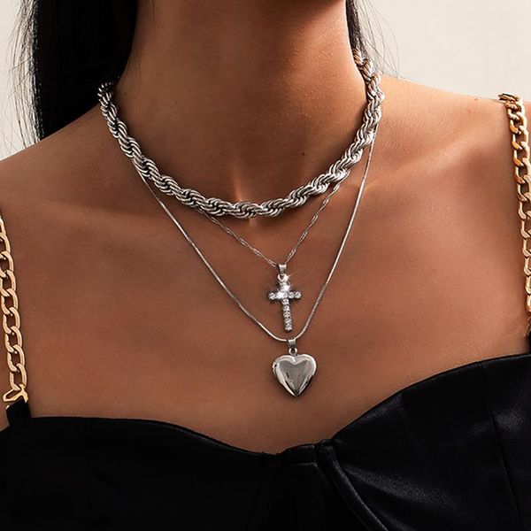 

punk metal multilayer thick chain necklace women's men's fashion heart pendant cross 2021 necklaces, Silver