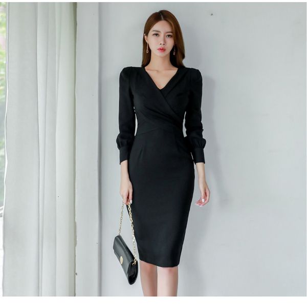 

dresses elegant solid slim waist women long sleeve v-neck female office ladies bodycon vestidos work wear es i0xy korz, Black;gray