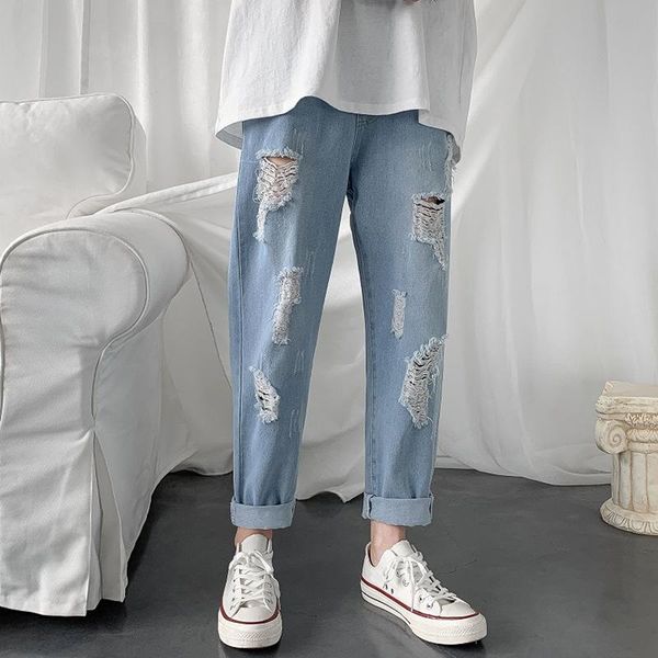

men's jeans men plus size 5xl straight loose hole ankle length elastic waist solid all-match trendy males leisure chic baggy vintage, Blue