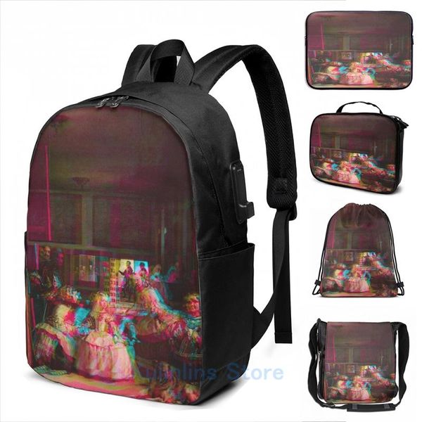 

backpack funny graphic print las meninas from diego velÃ¡zquez glitched usb charge men school bags women bag travel laptop