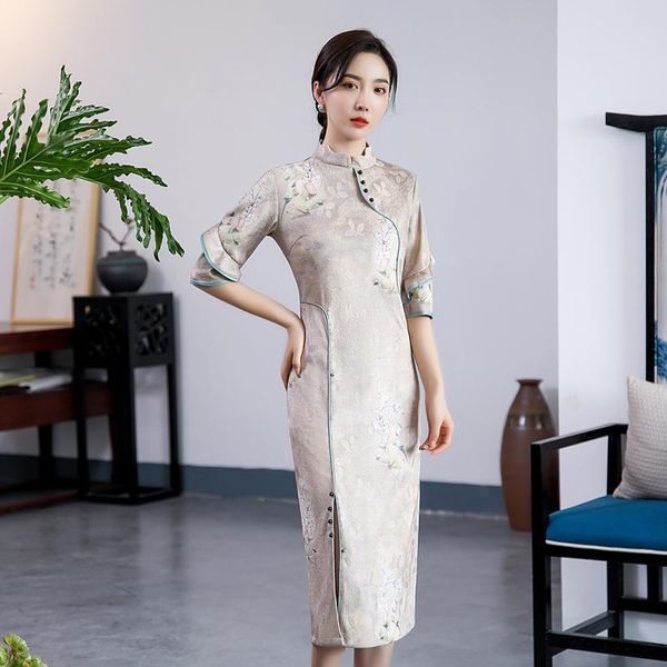 

high-split vintage qipao chinese long cheongsam traditional mandarin collar stage show dresses for women plus size 3xl 4xl ethnic clothing, Red