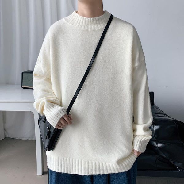 

men's sweaters 2021 autumn and winter half-turtle-neck sweater solid color loose casual pullover, White;black