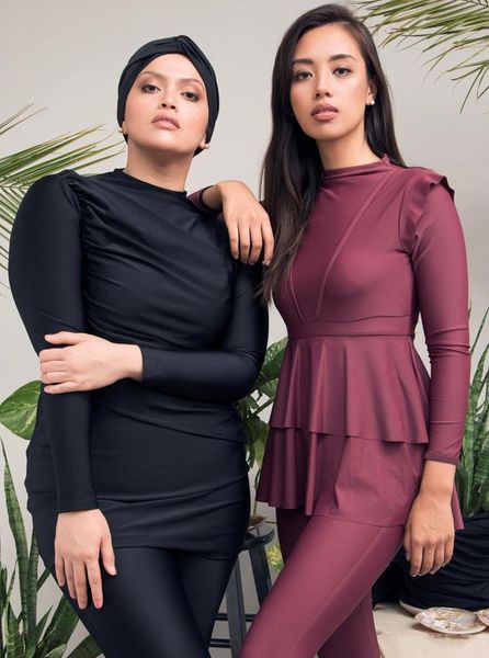 

swim wear black ruffle muslim swimwear burkini 3pcs with bra padding patchwork hijab long sleeves sport swimsuit islamic bathing suit