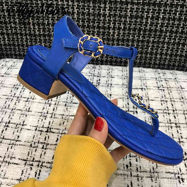 

70% off wholesale sandals flip-flops ollymurs new metal chain thick heel platform sandals sheepskin gold thong, Black