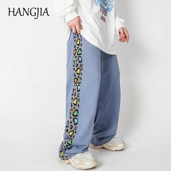 

side striped leopard wide leg sweatpant hip hop multicolor patchwork sweat pants men and women loose casual trousers male c0607, Black