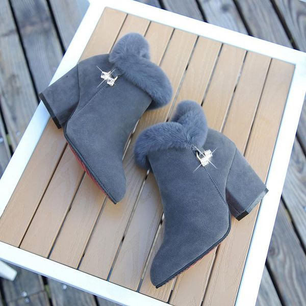 

boots winter fashion for women medium hight square heel flock solid string bead pointed toe zip faux fur elegent lady, Black