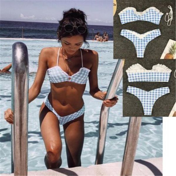 

women two piece suits plaid bikini set swimwear bathing push up padded bra triangle bandage swimsuits summer 2021 one-piece