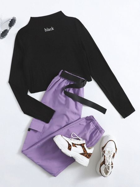 

letter graphic crop tee & tape ring cargo pants s3pg#, White