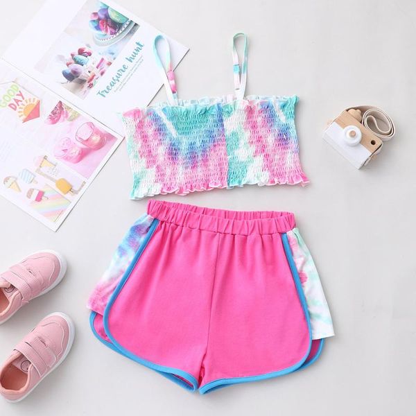 

clothing sets toddler infant kids children girls tie-dyed slip t-shirt +solid short baby girl clothes for, White