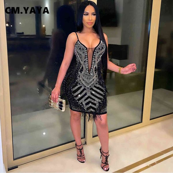 

cm.yaya women mini dress diamonds tassel sleeveless strap o-neck stretchy bodycon dresses night party vestidos summer 211116, Black;gray