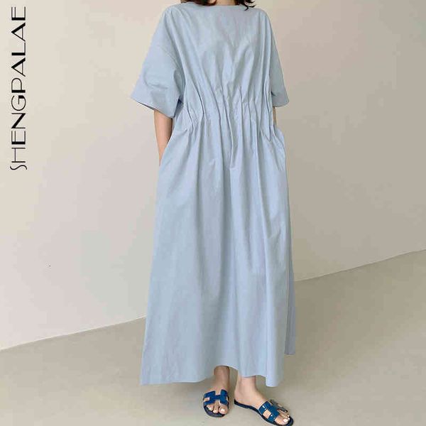 

casual dresses minimalist dress women's summer round neck loose short sleeve waist pleated back button mid-calf i13h, Black;gray