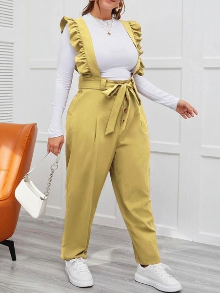 

plus ruffle trim belted overall jumpsuit without tee 736k#, Black