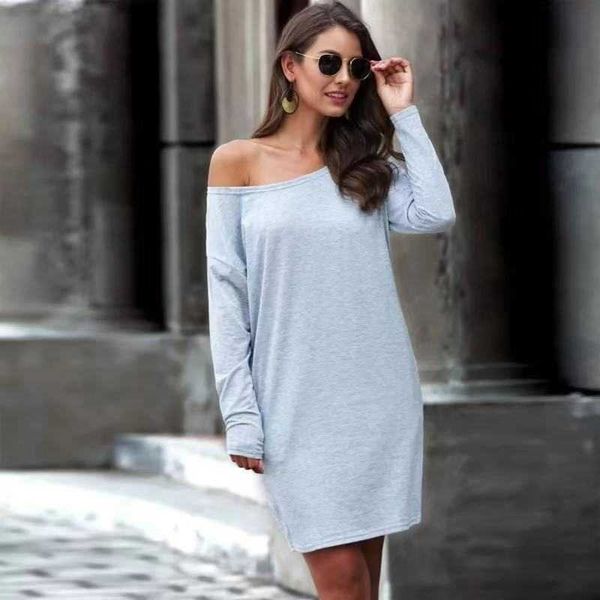 

casual loose women pocket dress solid long sleeve spring summer short tee dresses w9163 210526, Black;gray