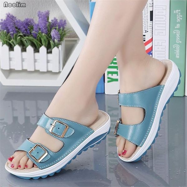 

slippers women buckle leather slides shoes solid color wedge beach ladies home sandals summer outside flip flops, Black