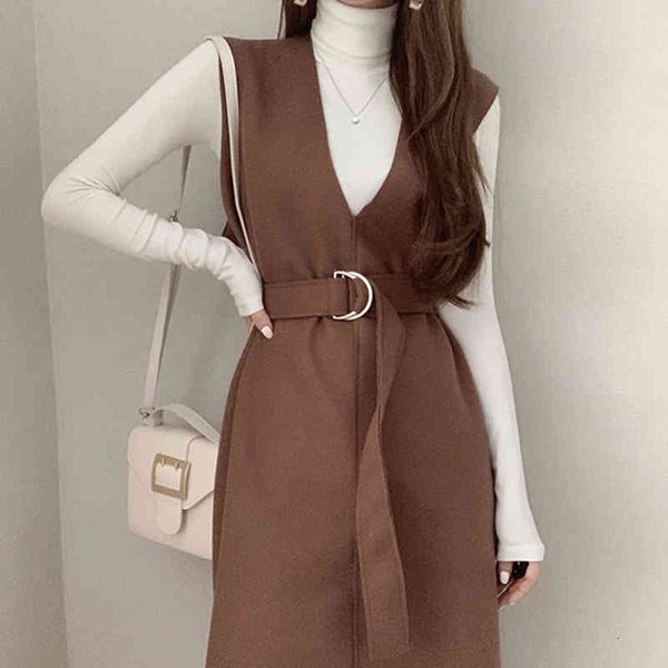 

dress autumn winter office ladies long sleeve turtleneck bottoming and high waist v-neck two piece sets i2ea bohl, Black;gray