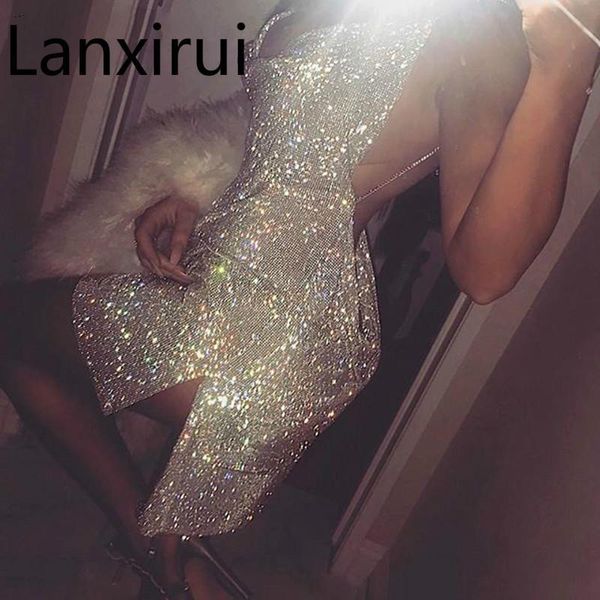 

casual dresses hand -made sparkle open back choker neck sequins dress glitter side slit diamond party nightclub vestido, Black;gray