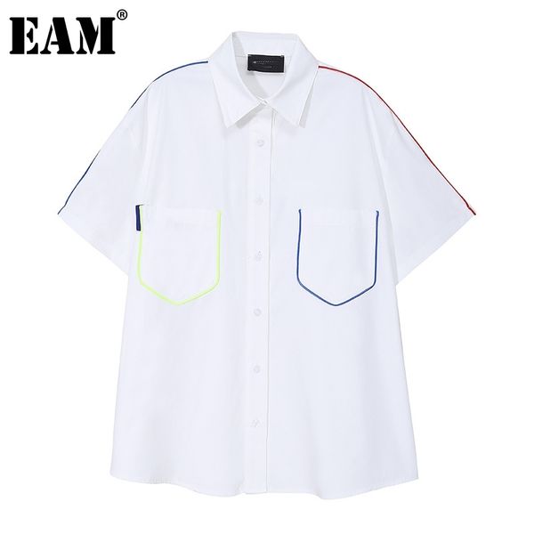 

[eam] women white pocket big size casual blouse lapel short sleeve loose fit shirt fashion spring summer 1dd7400 210512