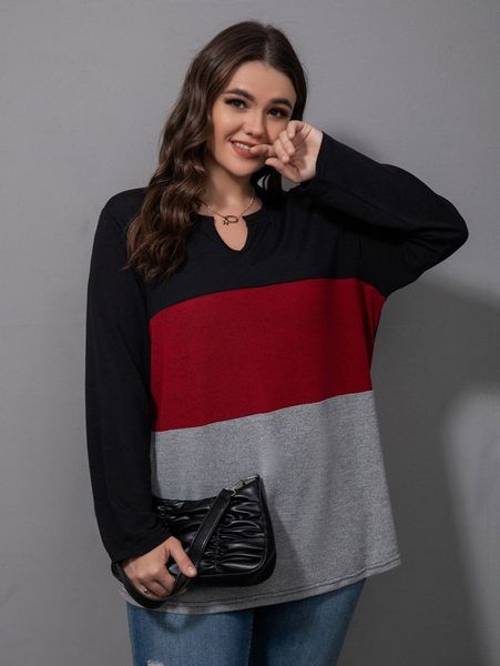 

plus color block notched neck tee m5dr#, Black