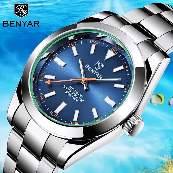 

wristwatches benyar 2021 men's watch mechanical automatic movement waterproof military brand t-shirt business stainless steel, Slivery;brown