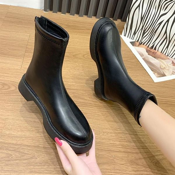

boots back zip shoes boots-women luxury designer round toe winter footwear zipper 2021 autumn lolita fashion rubber ladies mid-, Black