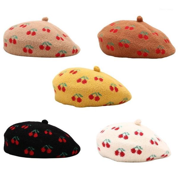 

berets women cute cherry fruit print faux wool beret cap vintage sboy painter hat 2xpd, Blue;gray