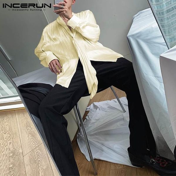 

men's casual shirts incerun 2021 fashion long sleeve loose blouse texture design solid comfortable pleated ribbon beige shirt s-5xl, White;black