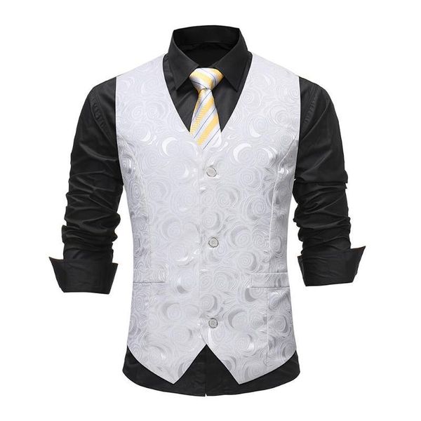 

men's vests 2021 men floral vest suit slim gilet casual sleeveless formal waistcoat back tied adjustable business camisas white, Black;white