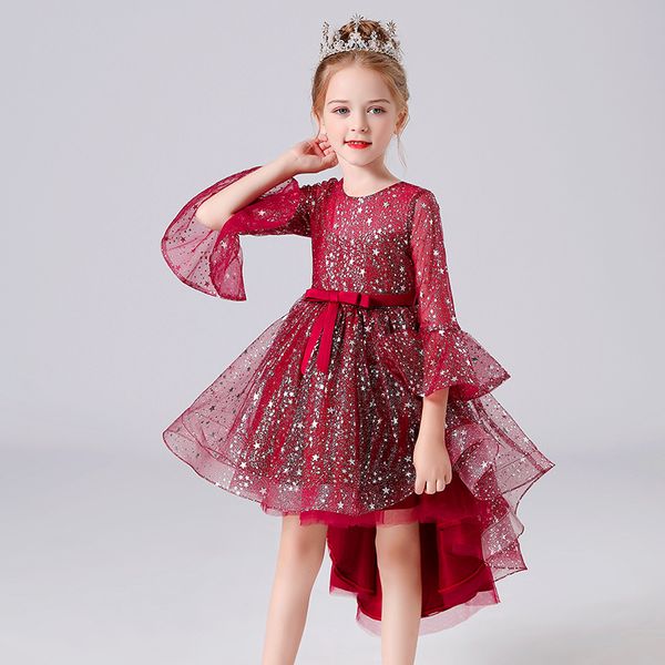 Детские костюмы вышивания элегантные платья принцессы для девочек свадебное вечеринка платье мяч детская одежда Pagoda рукав звезды юбка 20220223 H1