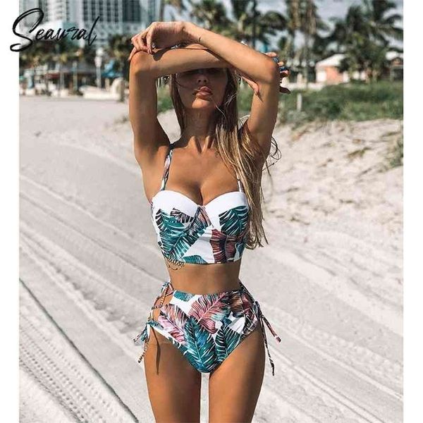 

high waist bikini set mujer push up bandage swimwear women floral two pieces swimsuit strappy biquinitraje de baÃ±o 210630, White;black