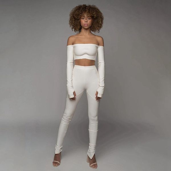 

women's two piece pants woman one shoulder long sleeve 2 sets autumn fashion elastic matching set skinny outfit female casual streetwea, White