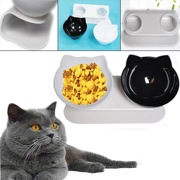 

cat double bowl with raised stand non-slip dog bowls protection cervical puppy feeder kitten drinking water dishes supplies & feeders