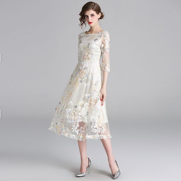 

french elegant women fashion summer o neck three quarter sleeve high waist floral mesh embroidery slim party dresses 210514, Black;gray