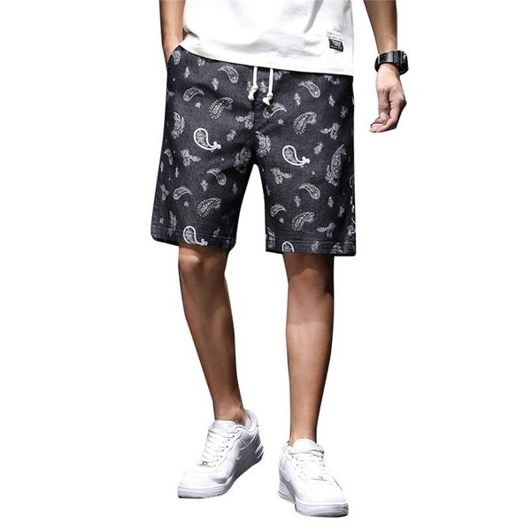 

men's shorts summer straight loose casual denim personalized printing classic brand elastic waist tie youth fashion shorts,0020, White;black