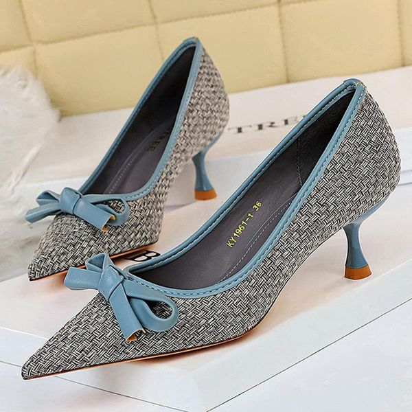 

dress shoes bigtree high heels women fashion weave pumps lady butterfly knot kitten female pointed toe wedding party, Black