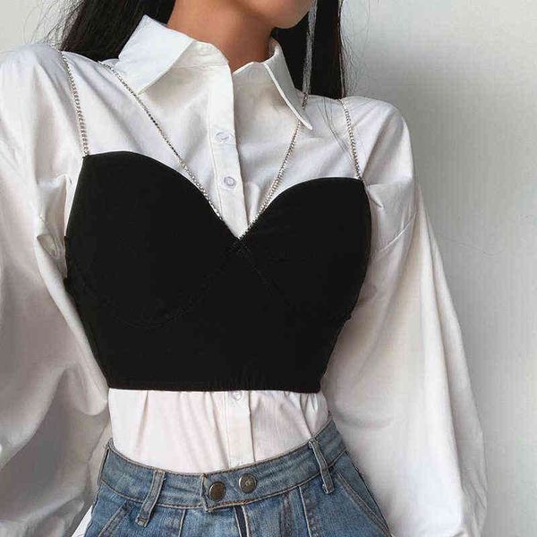 

shiny crystal strap vest personality women black crop fashion tide all-match, White