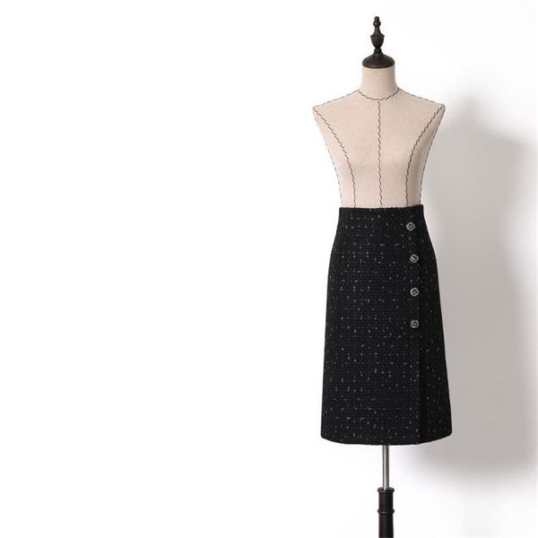 

skirts handmade luxury skirt for women fashion vintage tweed empire button mid-calf a line long, Black