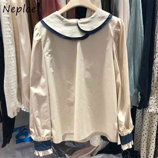 

temperament dounle peter pan collar long sleeve blouse women pullover color match wild blusas spring shirt 210422, White