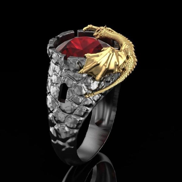 

vintage gold evil dragon gothic men ring wine red zircon punk black finger rings for women hip hop fashion jewelry d5m520 cluster, Golden;silver