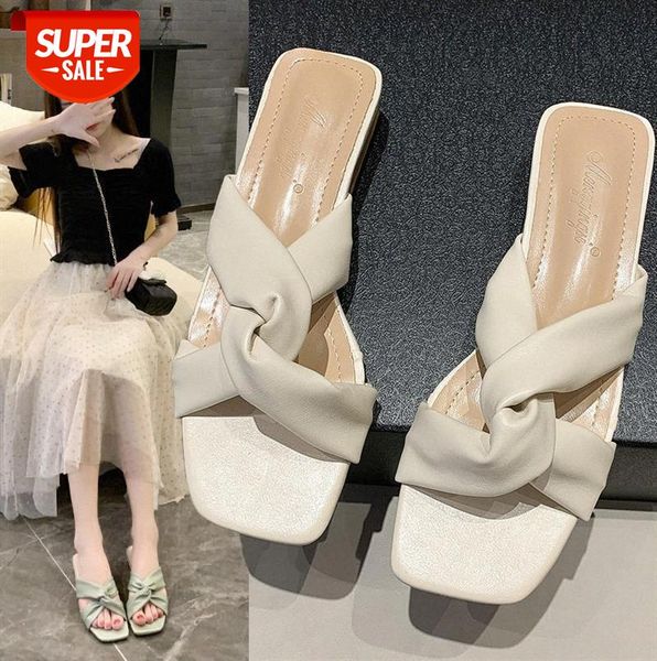 

slippers women wear mid-heel thick heel square toe word sandals korean fashion women's shoes #m40g, Black
