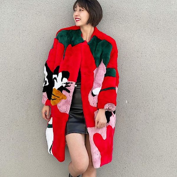 

women's fur & faux 2021cartoon women real rex coats with round collar natural whole skin genuine loose bat long overcoat, Black