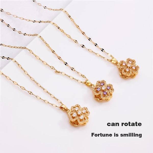 

pendant necklaces cute design colorful rhinestones rotatable zircon four-leaf clover necklace be in good luck plated chain jewelry, Silver