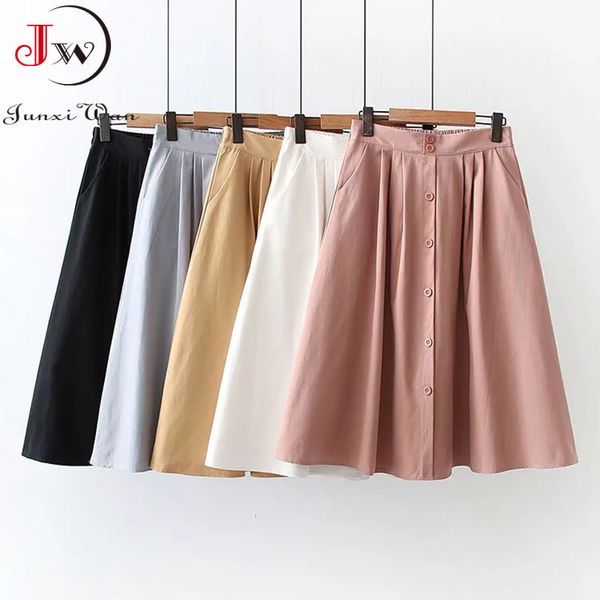 

women summer cotton skirt girls elegant solid elastic waist spring casual single-breasted office ladies a-line midi saia 210510, Black