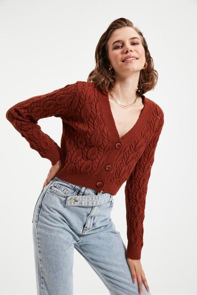 

women's knits & tees trendyol kaverengi mesh detailed crop knitwear cardigan twoaw22hi0227, White