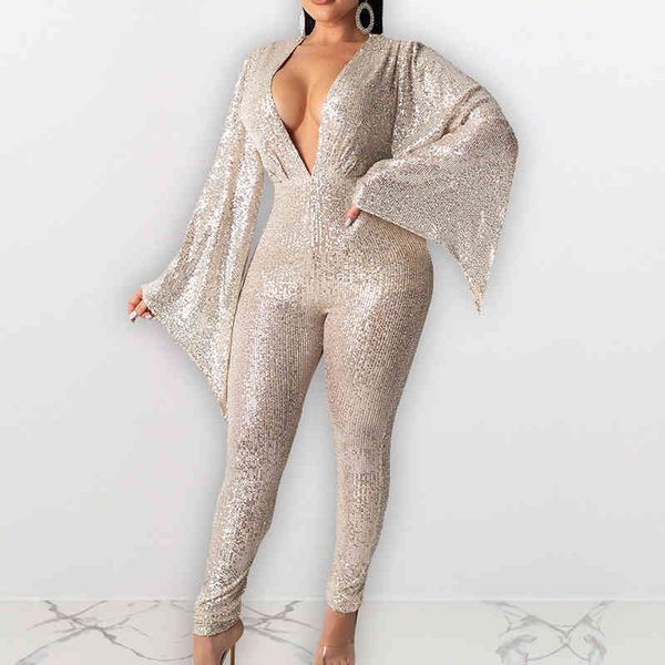 

knits women elegant sequin ny solid jumpsuit spring flared long sleeve party club bodysuits office lady fashion playsuit 87v2 7t8b, White