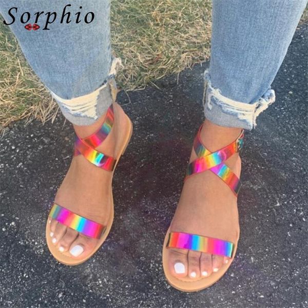

sorphio casual low heel beach shoes woman claissc flat sandals women ins rainbow metallic, Black
