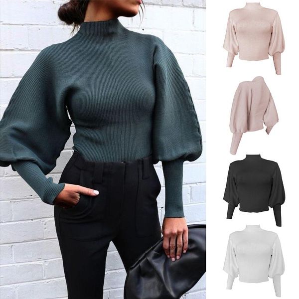 

women's sweaters kalenmos 2021 fall women pure color knitted lantern sleeve pullover woman sweatshirt turtleneck loose fine wool sweate, White;black